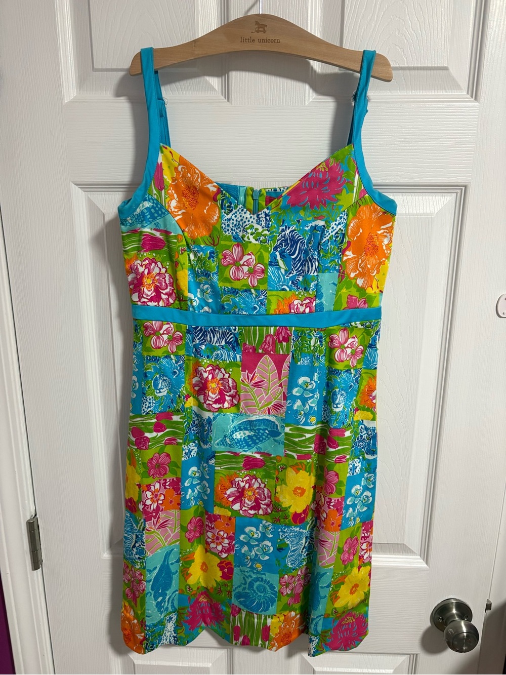 Key West Hand Prints Women’s Dress, Size 4, Blue/Multicolor, Scalloped bottom
